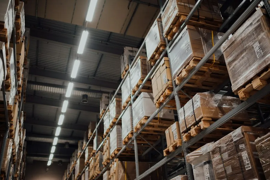 Warehouse shelves stacked with boxed goods