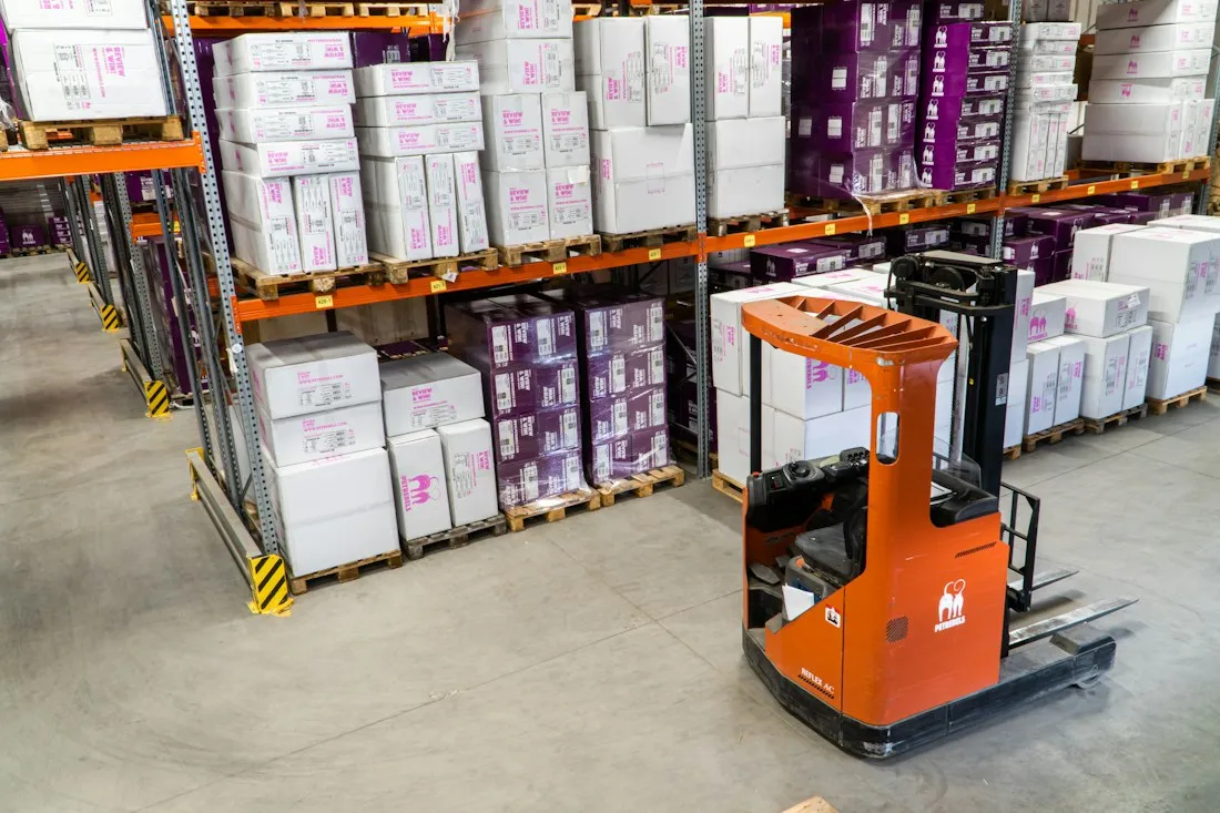 Pallets of boxed goods in a warehouse